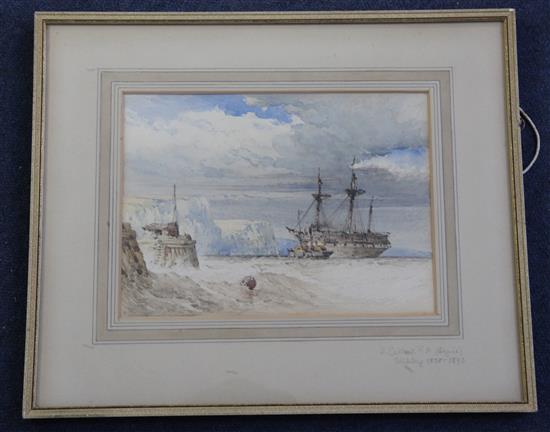 William Callow RWS (1812-1908) Paddle steamer and old warship off the coast 7 x 9.5in.